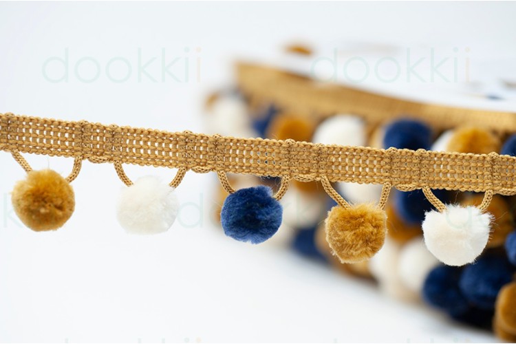 30mm Pom Pom Trim Large Cream/Gold/Navy