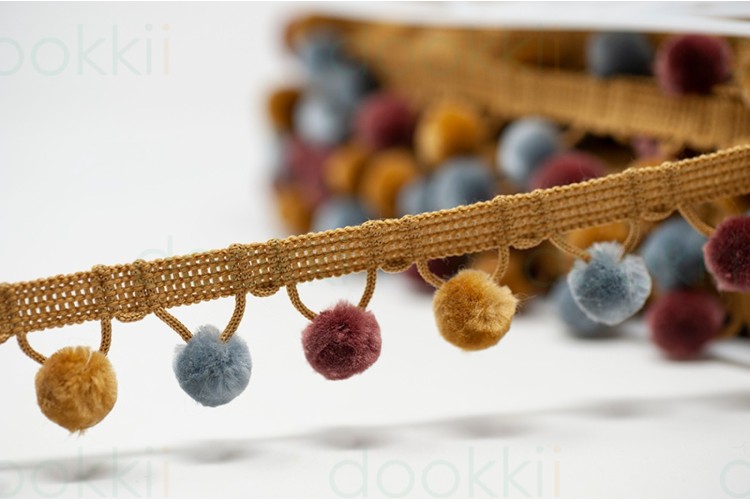 30mm Pom Pom Trim Large Gold/Grey/Mulberry