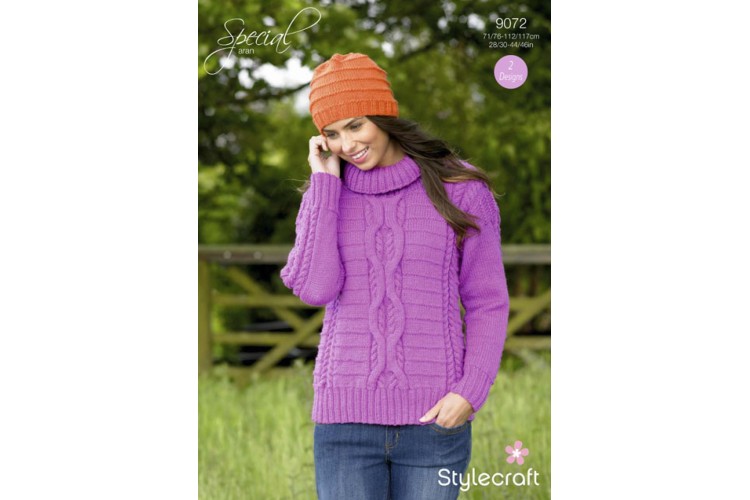 Ladies Sweater & Hat Pattern Aran 9072