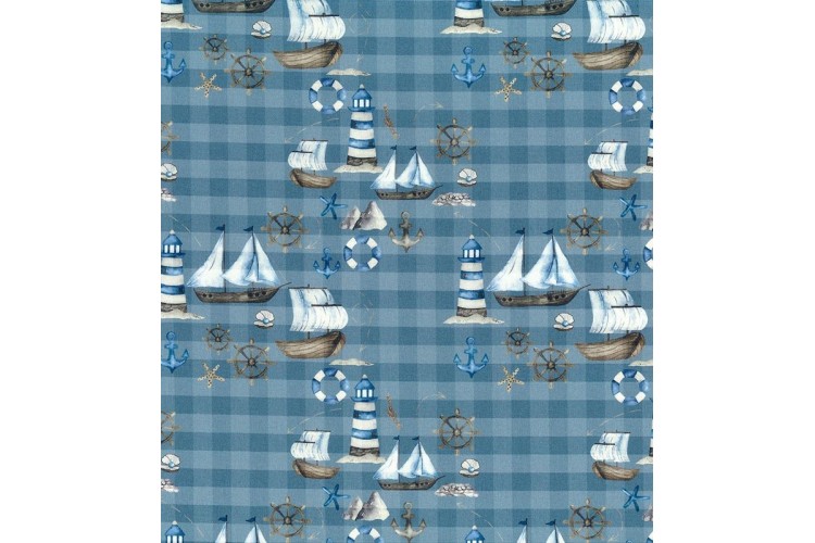 Nautical Blue Check Cotton Poplin
