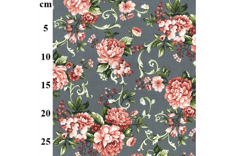 Pink Blooms on Silver Cotton Poplin