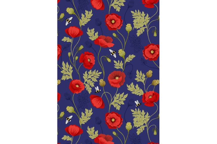 Poppies & Bees on Blue