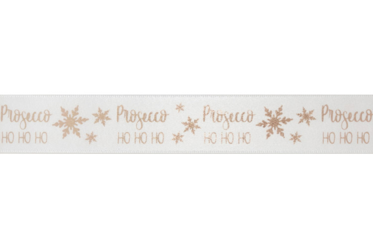 Prosecco Ho Ho Ho Rose Gold on White Ribbon 25mm