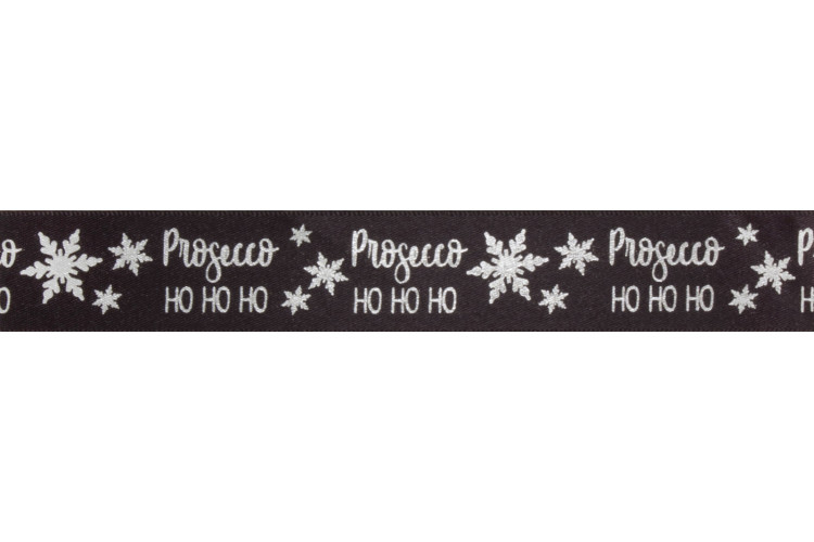 Prosecco Ho Ho Ho Silver on Black Ribbon 25mm