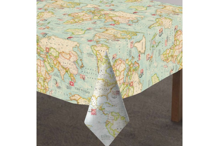 World Map Blue Teflon Coated Panama Fabric